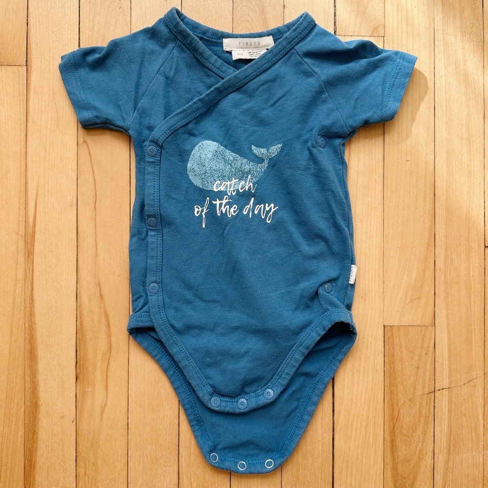 Firsts by Petit Lem Teal Baby Onesie with Whale Graphic